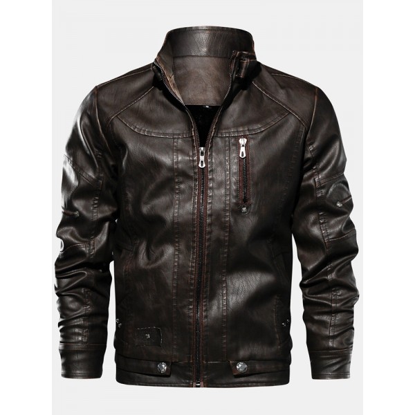 Mens Zipper Pocket Stand Collar PU Leather Motorcycle Jacket 