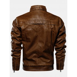 Mens Zipper Pocket Stand Collar PU Leather Motorcycle Jacket