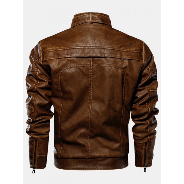 Mens Zipper Pocket Stand Collar PU Leather Motorcycle Jacket 