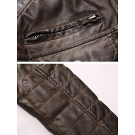 Mens Multi Pocket Zipper Long Sleeve Vintage Washed PU Leather Jacket