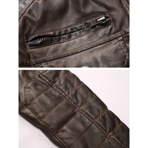 Mens Multi Pocket Zipper Long Sleeve Vintage Washed PU Leather Jacket 