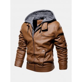 Men Solid Color PU Zipper Pockets Casual Thick Warrm Hooded Coats