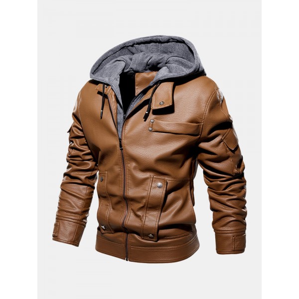 Men Solid Color PU Zipper Pockets Casual Thick Warrm Hooded Coats 