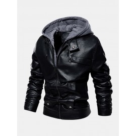 Men Solid Color PU Zipper Pockets Casual Thick Warrm Hooded Coats