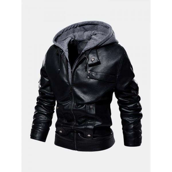 Men Solid Color PU Zipper Pockets Casual Thick Warrm Hooded Coats 