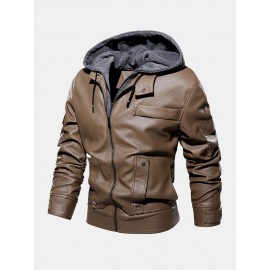 Men Solid Color PU Zipper Pockets Casual Thick Warrm Hooded Coats