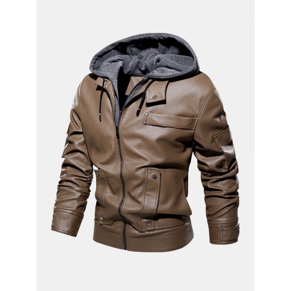 Men Solid Color PU Zipper Pockets Casual Thick Warrm Hooded Coats 