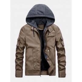 Men Solid Color PU Zipper Pockets Casual Thick Warrm Hooded Coats