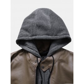 Men Solid Color PU Zipper Pockets Casual Thick Warrm Hooded Coats