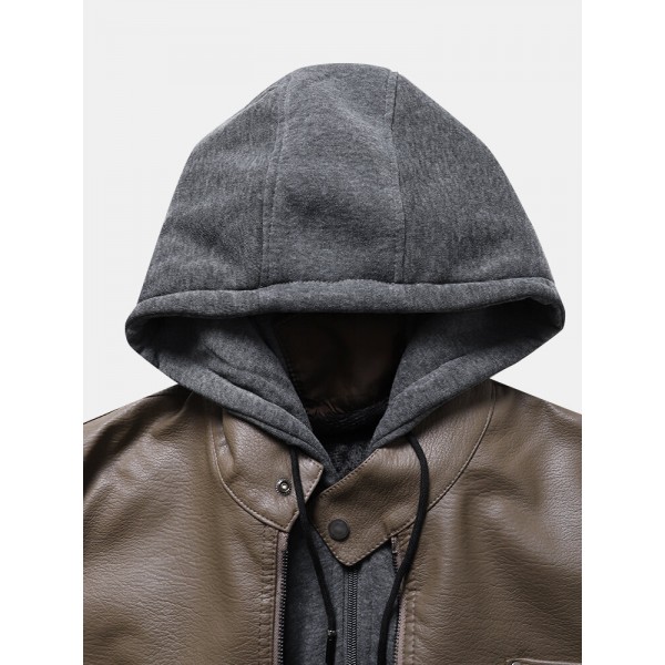 Men Solid Color PU Zipper Pockets Casual Thick Warrm Hooded Coats 