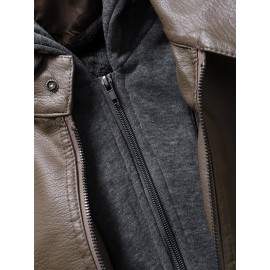 Men Solid Color PU Zipper Pockets Casual Thick Warrm Hooded Coats