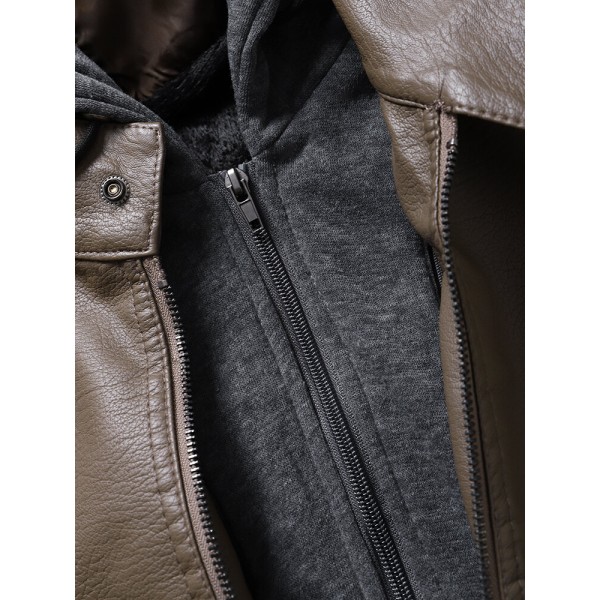 Men Solid Color PU Zipper Pockets Casual Thick Warrm Hooded Coats 