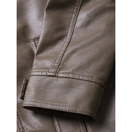 Men Solid Color PU Zipper Pockets Casual Thick Warrm Hooded Coats