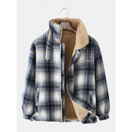 Mens Plaid Warm Fleece Lined Thicken Pocket Long Sleeve Jacket