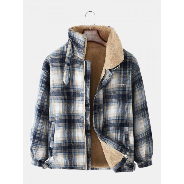 Mens Plaid Warm Fleece Lined Thicken Pocket Long Sleeve Jacket 