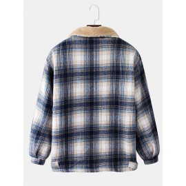 Mens Plaid Warm Fleece Lined Thicken Pocket Long Sleeve Jacket