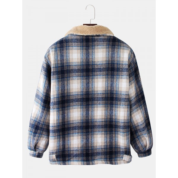 Mens Plaid Warm Fleece Lined Thicken Pocket Long Sleeve Jacket 