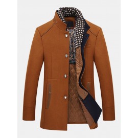 Mens Autumn Winter Casual Slim Fit Stand Collar Scarf Detachable Stylish Woolen Overcoat Jacket