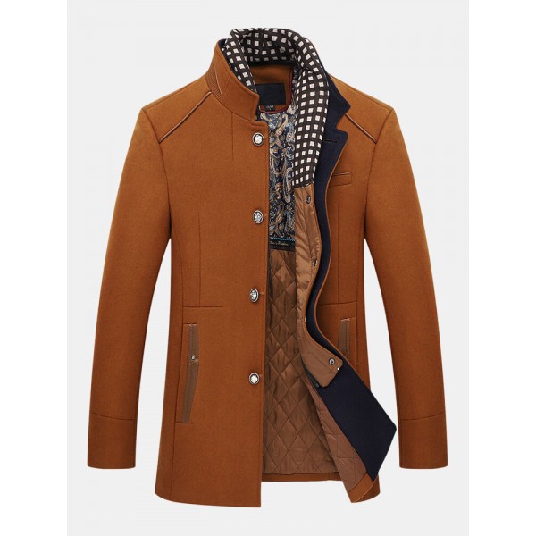 Mens Autumn Winter Casual Slim Fit Stand Collar Scarf Detachable Stylish Woolen Overcoat Jacket