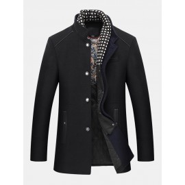 Mens Autumn Winter Casual Slim Fit Stand Collar Scarf Detachable Stylish Woolen Overcoat Jacket