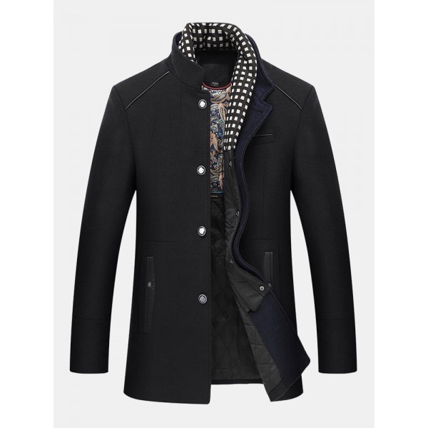 Mens Autumn Winter Casual Slim Fit Stand Collar Scarf Detachable Stylish Woolen Overcoat Jacket 