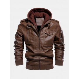 Mens Hooded Zipper Pocket Washing PU Leather Jackets