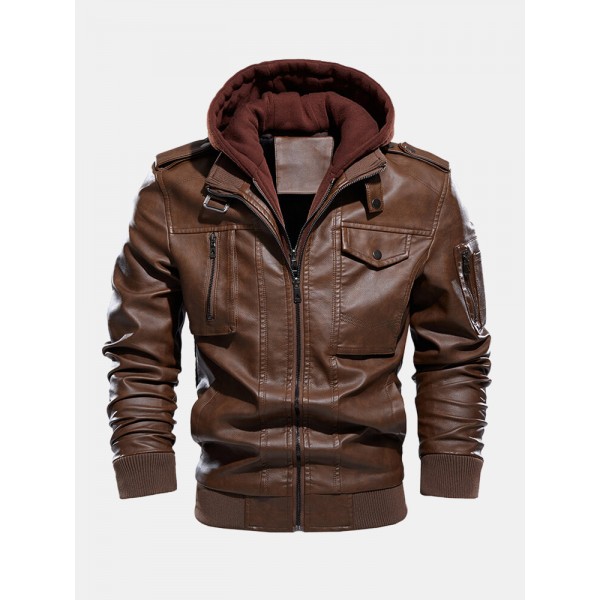 Mens Hooded Zipper Pocket Washing PU Leather Jackets 