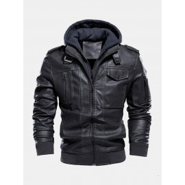 Mens Hooded Zipper Pocket Washing PU Leather Jackets