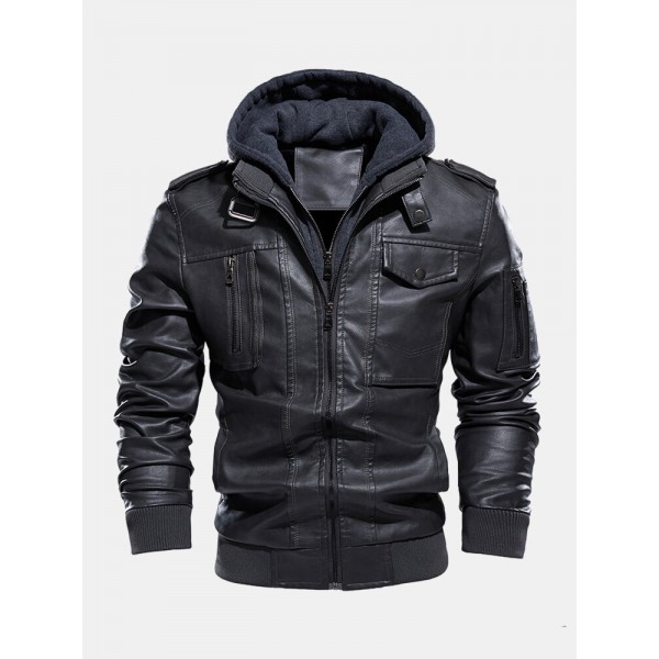 Mens Hooded Zipper Pocket Washing PU Leather Jackets 