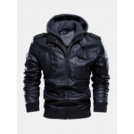 Mens Hooded Zipper Pocket Washing PU Leather Jackets