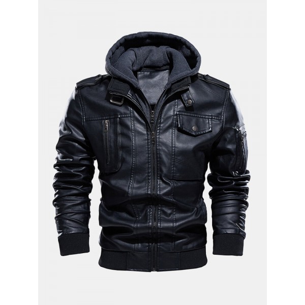 Mens Hooded Zipper Pocket Washing PU Leather Jackets 