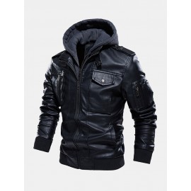 Mens Hooded Zipper Pocket Washing PU Leather Jackets