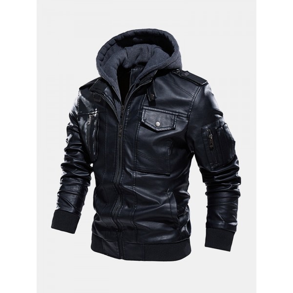 Mens Hooded Zipper Pocket Washing PU Leather Jackets 