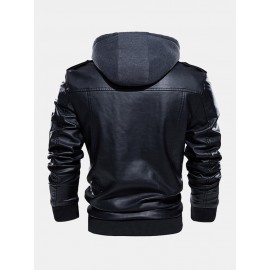 Mens Hooded Zipper Pocket Washing PU Leather Jackets