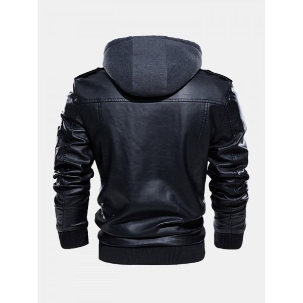 Mens Hooded Zipper Pocket Washing PU Leather Jackets 