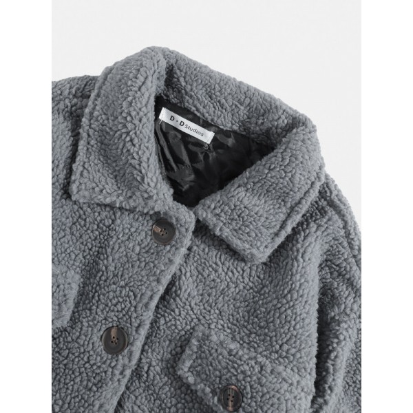 Mens Solid Color Warm Fleece Long Sleeve Plush Jacket 