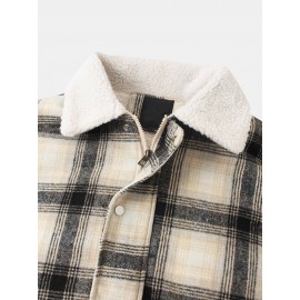 Mens Plaid Warm Slant Pocket Long Sleeve Teddy Jacket