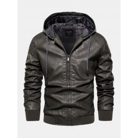 Men PU Letter Elastic Hem Drawstring Hooded Zipper Jackets