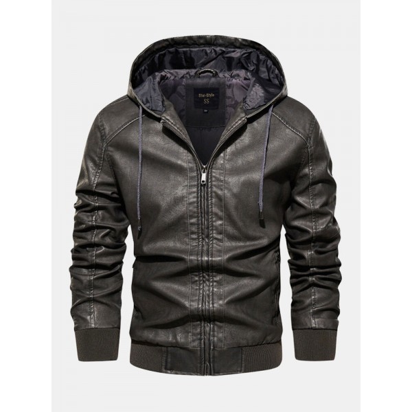 Men PU Letter Elastic Hem Drawstring Hooded Zipper Jackets 