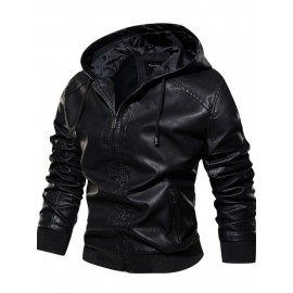 Men PU Letter Elastic Hem Drawstring Hooded Zipper Jackets