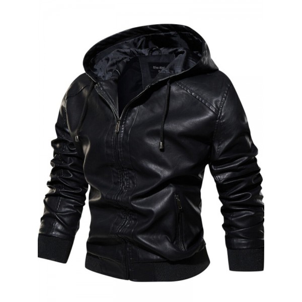 Men PU Letter Elastic Hem Drawstring Hooded Zipper Jackets 