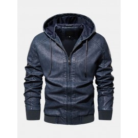 Men PU Letter Elastic Hem Drawstring Hooded Zipper Jackets