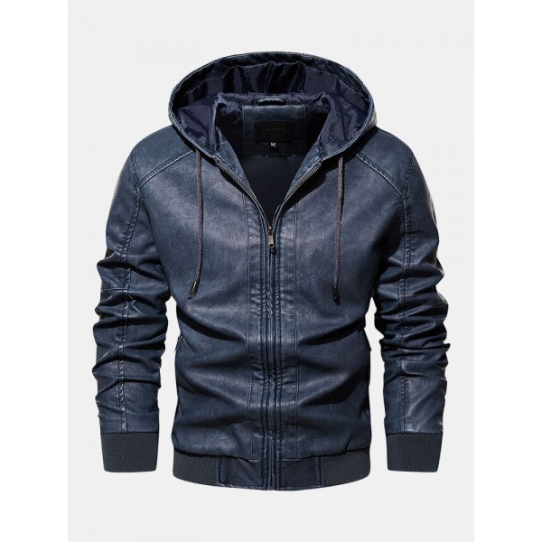 Men PU Letter Elastic Hem Drawstring Hooded Zipper Jackets 