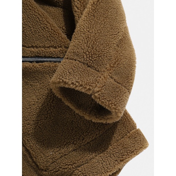 Mens Solid Color Lapel Reversible Polar Fleece Fluffy Jacket With Pocket 