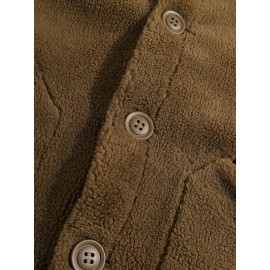 Mens Solid Color Lapel Reversible Polar Fleece Fluffy Jacket With Pocket