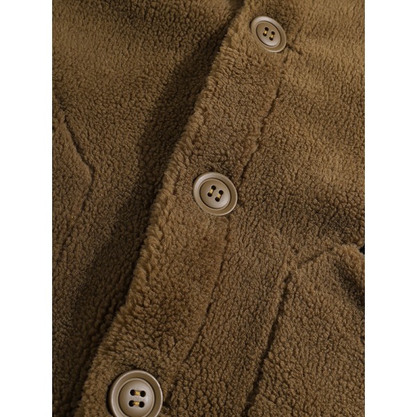 Mens Solid Color Lapel Reversible Polar Fleece Fluffy Jacket With Pocket 