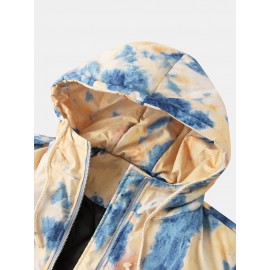 Mens Tie-Dye Double Flap Pockets Zipper Thick Loose Hooded Jacket