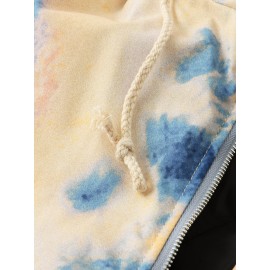 Mens Tie-Dye Double Flap Pockets Zipper Thick Loose Hooded Jacket