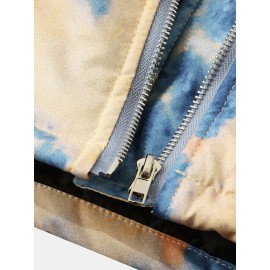 Mens Tie-Dye Double Flap Pockets Zipper Thick Loose Hooded Jacket