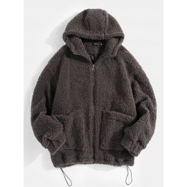 Mens Simple Solid Color Zipper Drawstring Hem Faux Fur Hooded Jacket